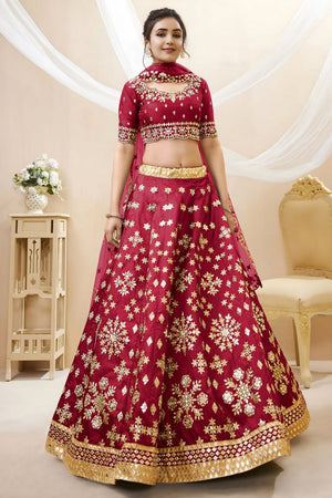 Red Heavy Embroidered Art Silk Lehenga (WF-502-Red)