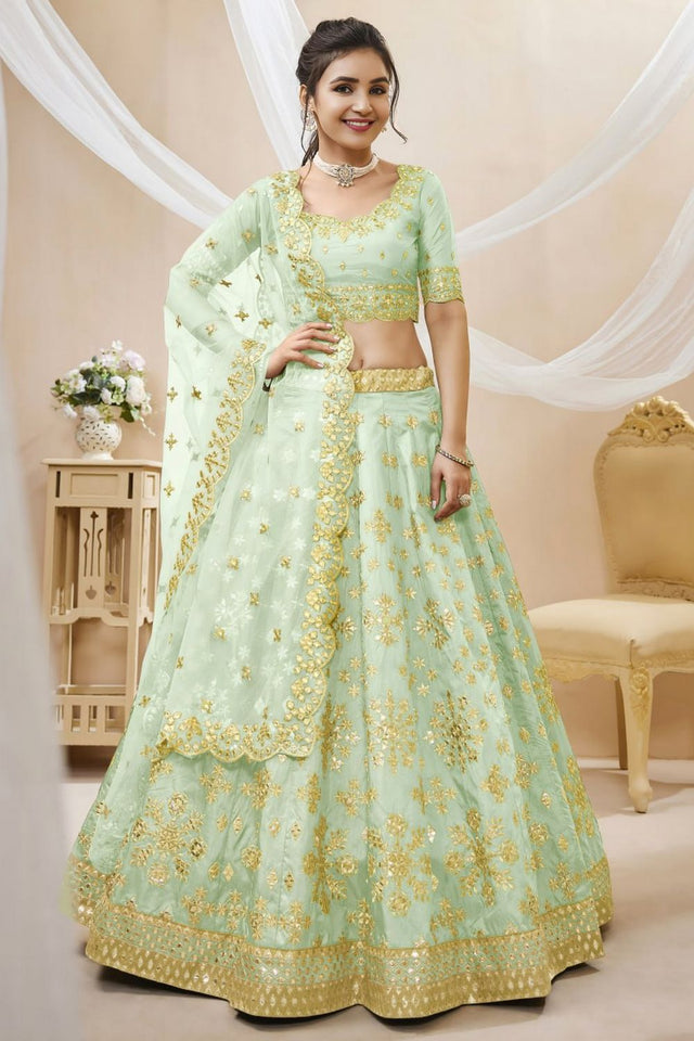 Green Heavy Embroidered Art Silk Lehenga (WF-504-Pista)