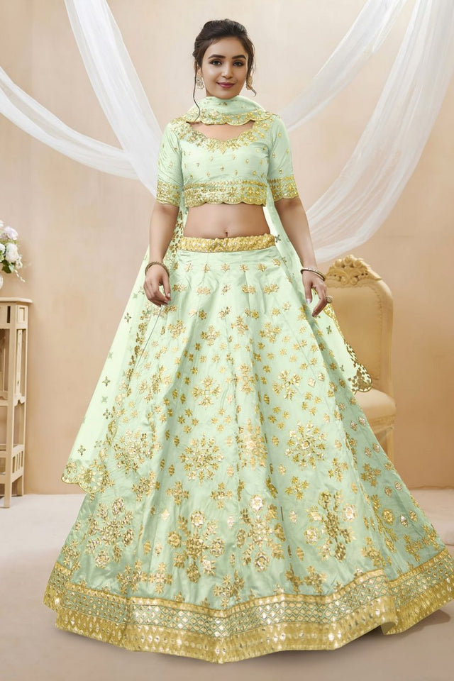 Green Heavy Embroidered Art Silk Lehenga (WF-504-Pista)