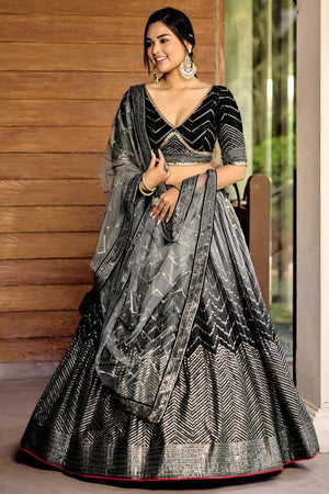 Black Sequin Chinon Lehenga (WF-5057-Black)