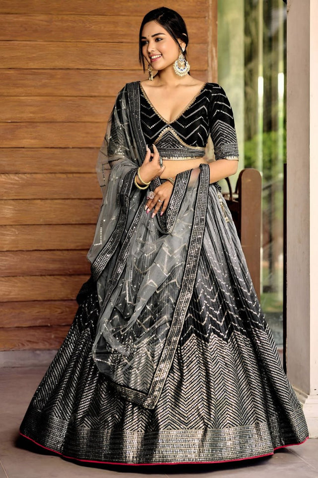 Black Sequin Chinon Lehenga (WF-5057-Black)