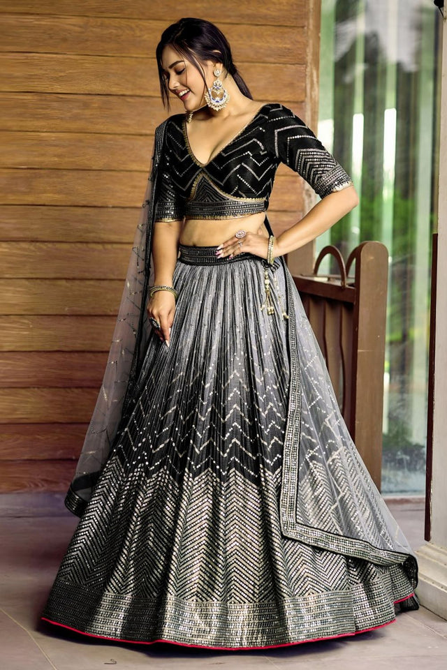 Black Sequin Chinon Lehenga (WF-5057-Black)