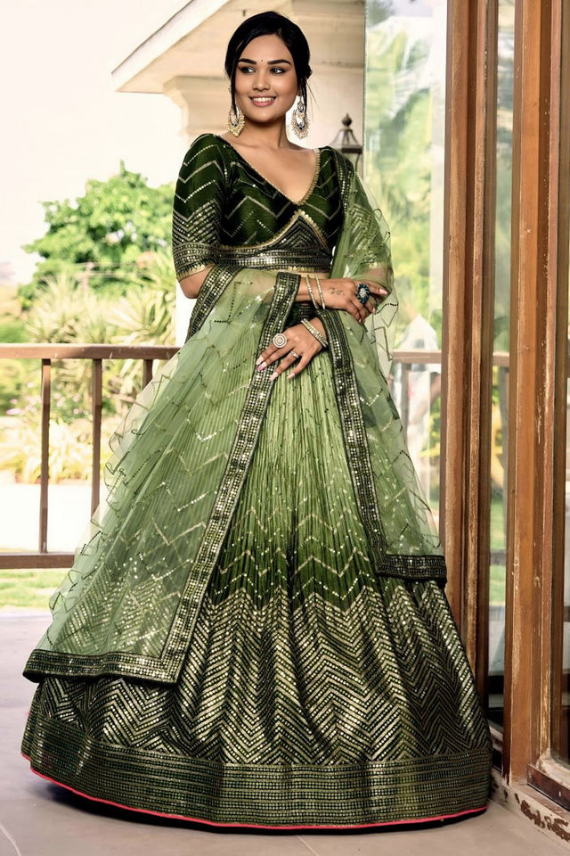 Green Sequin Chinon Lehenga (WF-5057-Green)