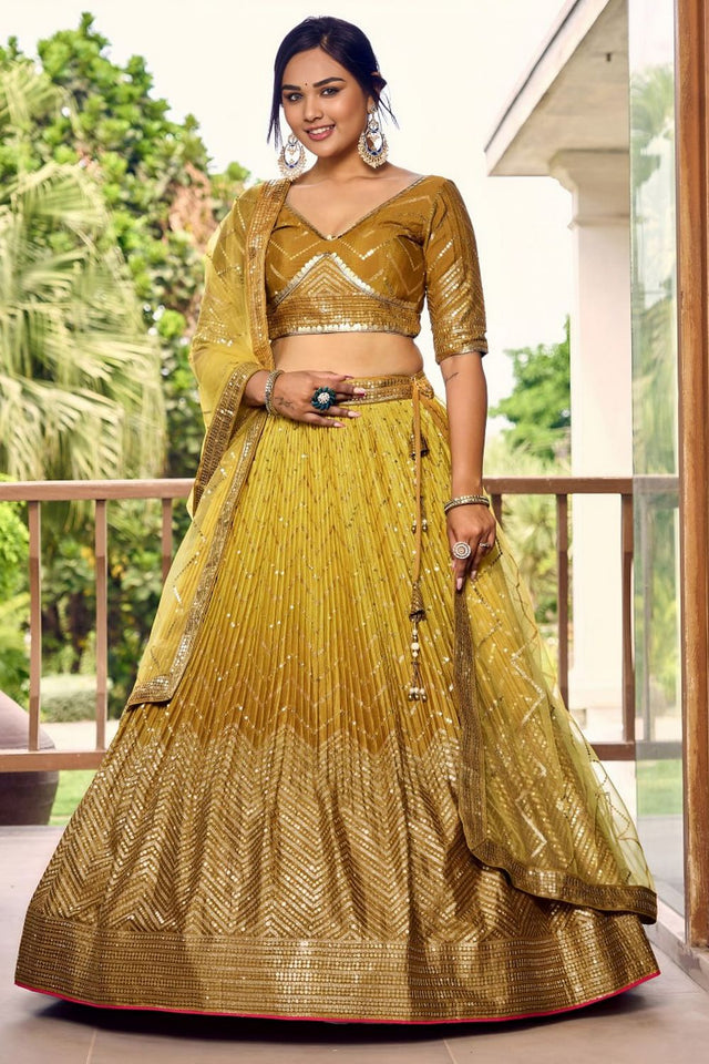 Yellow Sequin Chinon Lehenga (WF-5057-Yellow)