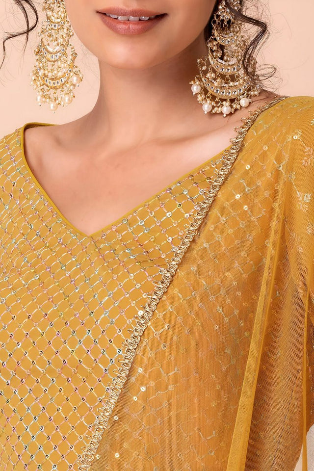 Yellow Embroidered Georgette Lehenga (WF-5071-Yellow)