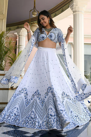 White Floral Embroidered Satin Lehenga (WF-7079-White)
