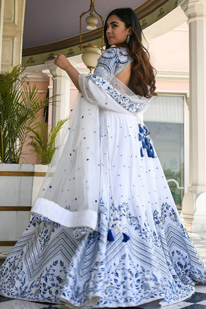 White Floral Embroidered Satin Lehenga (WF-7079-White)