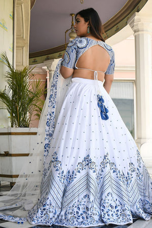 White Floral Embroidered Satin Lehenga (WF-7079-White)