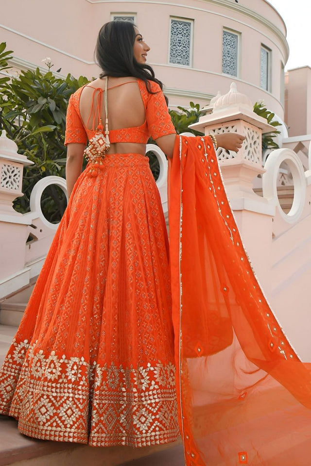 Orange Gottapatti Embroidered Georgette Lehenga (WF-7081-Orange)
