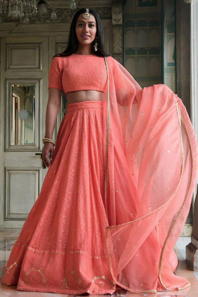 Peach Sequin Georgette Lehenga (WF-7083-Peach)