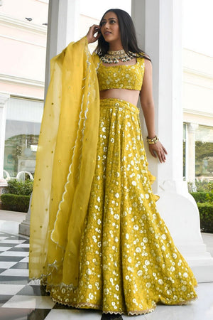 Olive Green Floral Embroidered Georgette Lehenga (WF-7084-Olive)