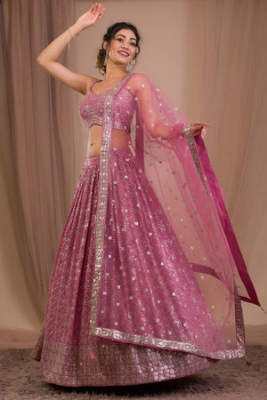 Pink Floral Embroidered Georgette Lehenga (WF-7088-Pink)