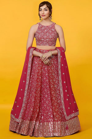Red Floral Embroidered Georgette Lehenga (WF-7088-Red)