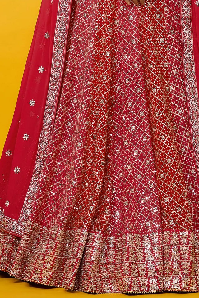 Red Floral Embroidered Georgette Lehenga (WF-7088-Red)