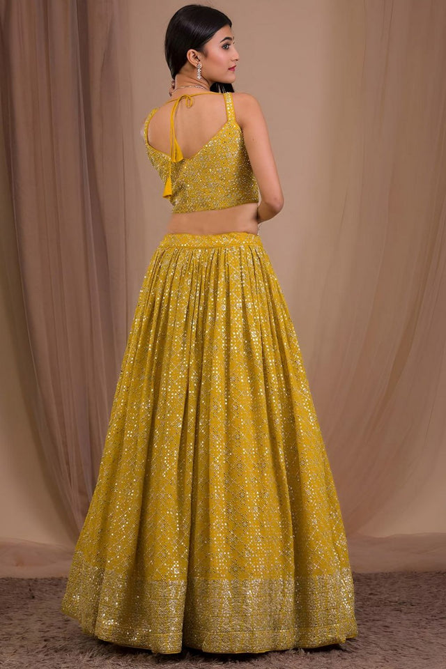 Yellow Floral Embroidered Georgette Lehenga (WF-7088-Yellow)