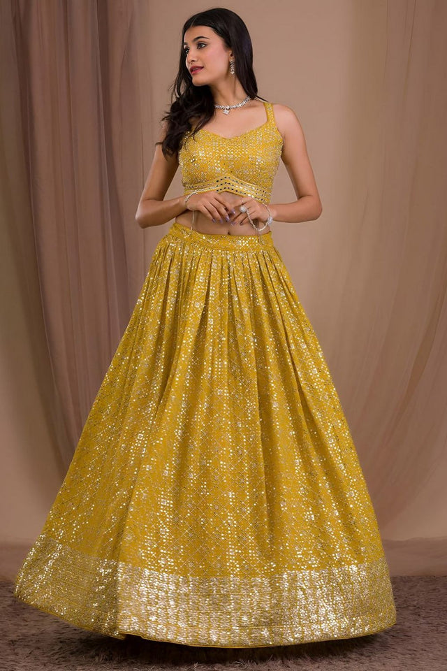 Yellow Floral Embroidered Georgette Lehenga (WF-7088-Yellow)