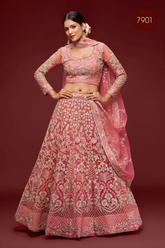 Pink Floral Embroidered Net Lehenga (WF-7901)