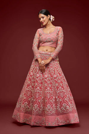 Pink Floral Embroidered Net Lehenga (WF-7901)
