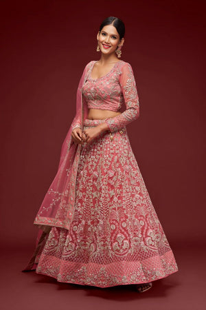 Pink Floral Embroidered Net Lehenga (WF-7901)