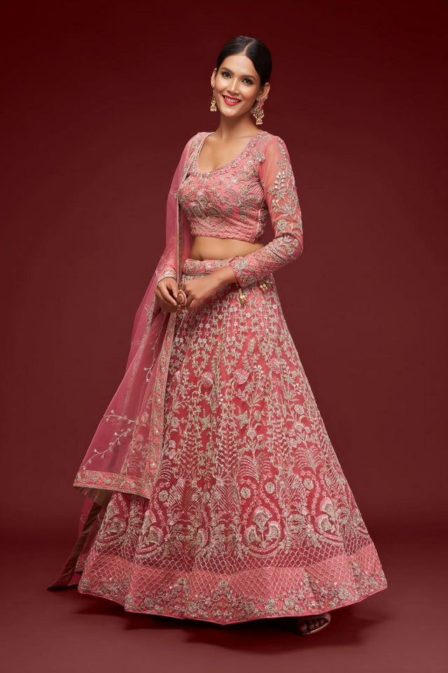 Pink Floral Embroidered Net Lehenga (WF-7901)