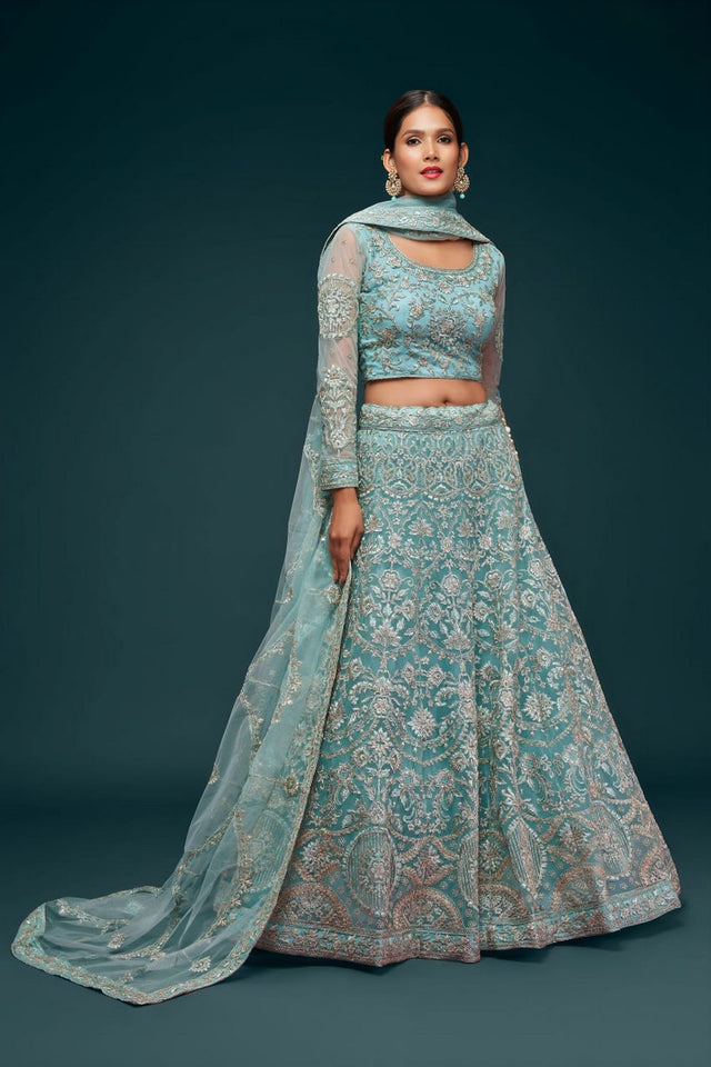 Light Blue Floral Embroidered Net Lehenga (WF-7902)