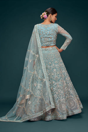 Light Blue Floral Embroidered Net Lehenga (WF-7902)