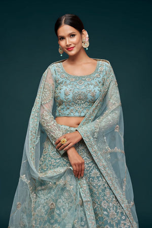Light Blue Floral Embroidered Net Lehenga (WF-7902)