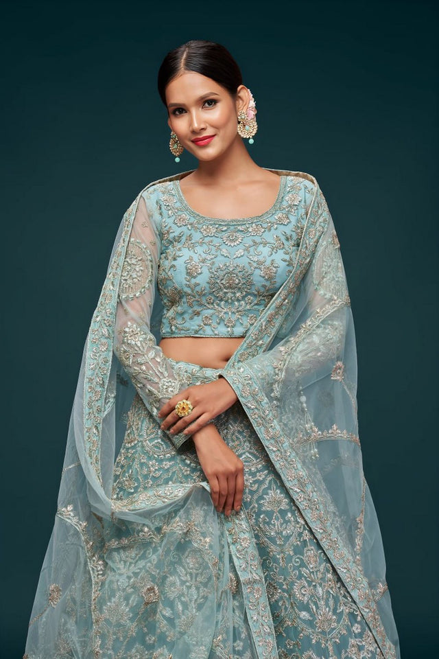 Light Blue Floral Embroidered Net Lehenga (WF-7902)