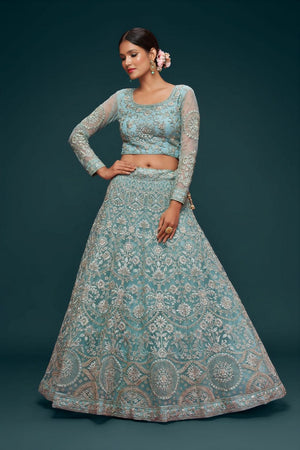 Light Blue Floral Embroidered Net Lehenga (WF-7902)