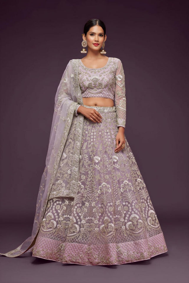 Lavender Floral Embroidered Net Lehenga (WF-7903)
