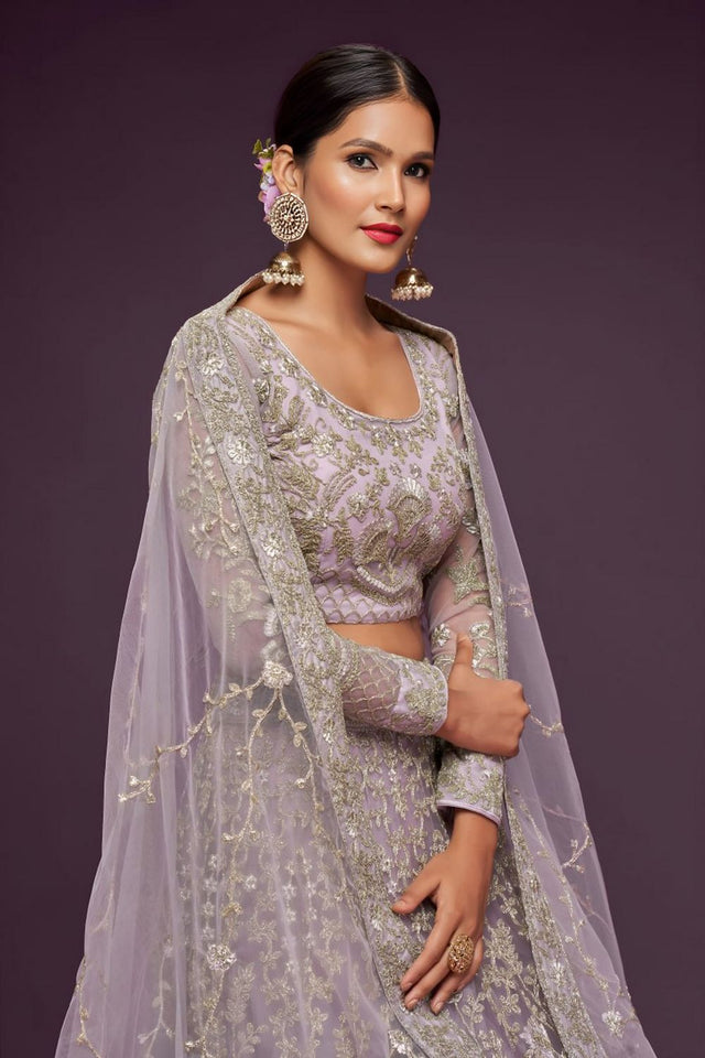 Lavender Floral Embroidered Net Lehenga (WF-7903)