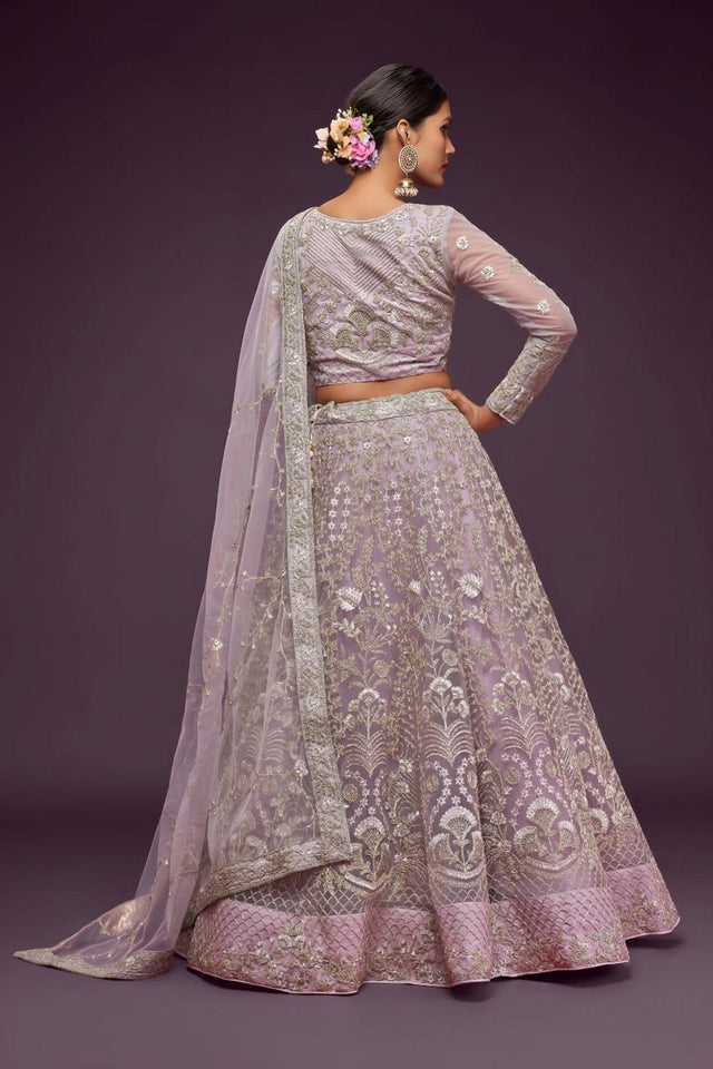Lavender Floral Embroidered Net Lehenga (WF-7903)