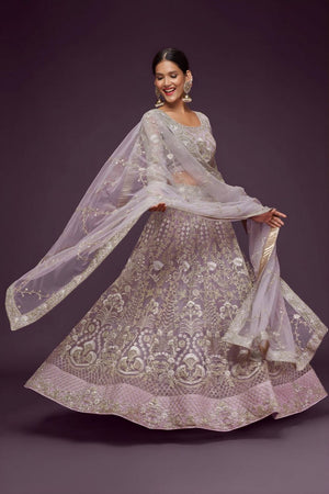 Lavender Floral Embroidered Net Lehenga (WF-7903)