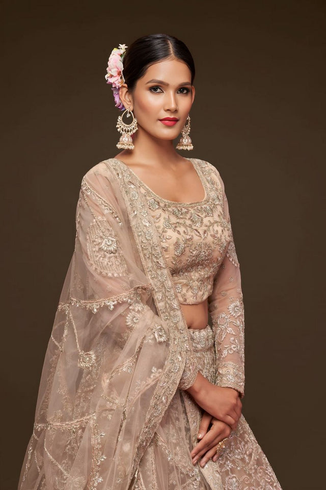 Beige Floral Embroidered Net Lehenga (WF-7904)