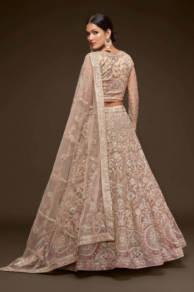 Beige Floral Embroidered Net Lehenga (WF-7904)