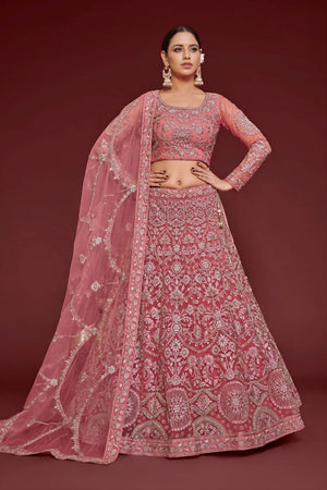 Pink Floral Embroidered Net Lehenga (WF-7905)