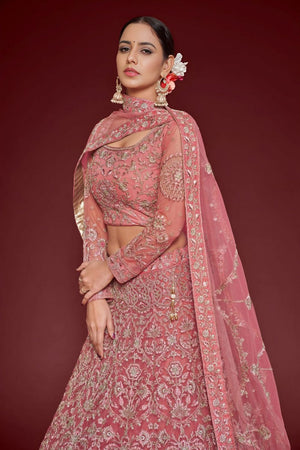 Pink Floral Embroidered Net Lehenga (WF-7905)