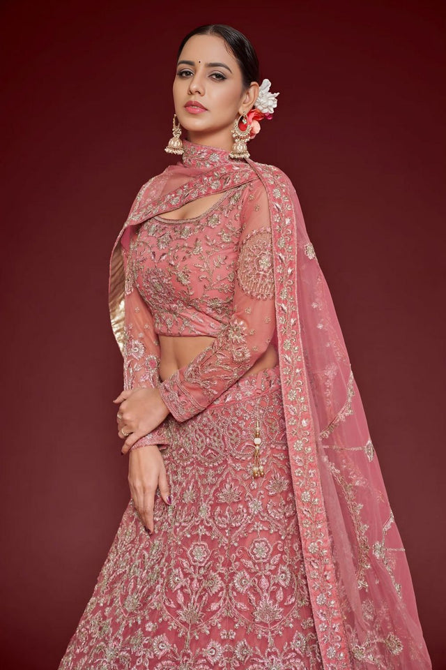 Pink Floral Embroidered Net Lehenga (WF-7905)