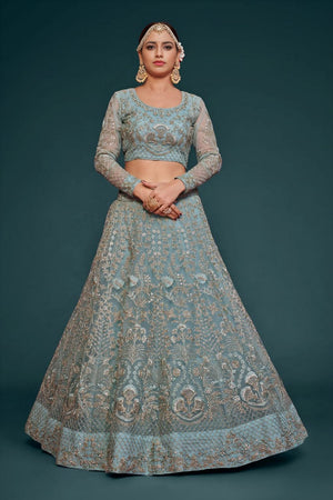 Sea Blue Floral Embroidered Net Lehenga (WF-7906)