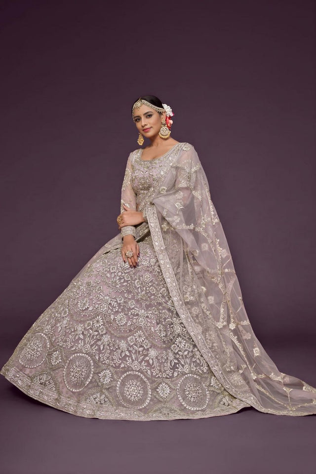 Lavender Floral Embroidered Net Lehenga (WF-7907)