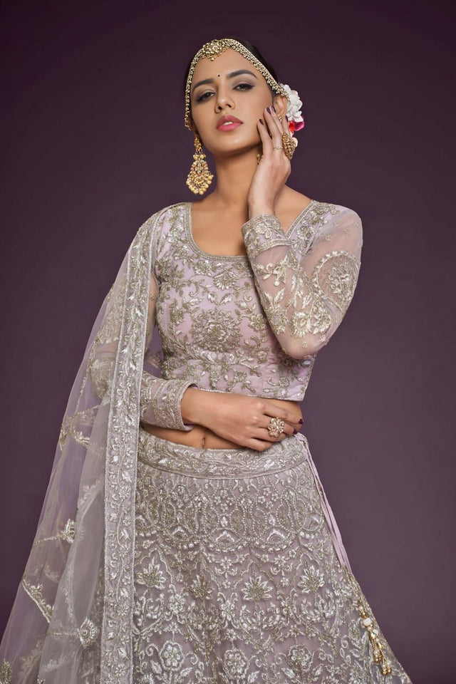 Lavender Floral Embroidered Net Lehenga (WF-7907)