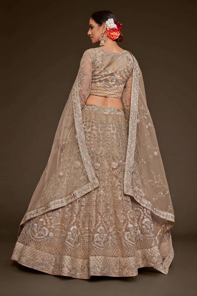 Beige Floral Embroidered Net Lehenga (WF-7908)