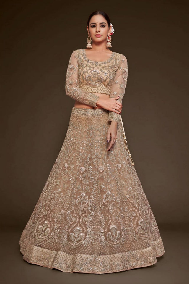 Beige Floral Embroidered Net Lehenga (WF-7908)