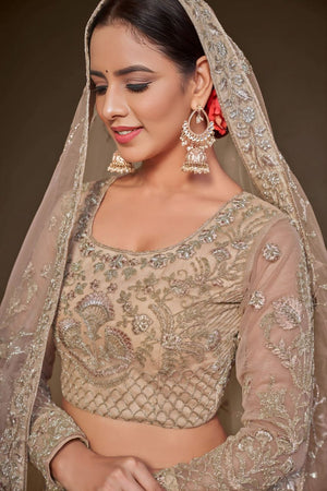 Beige Floral Embroidered Net Lehenga (WF-7908)