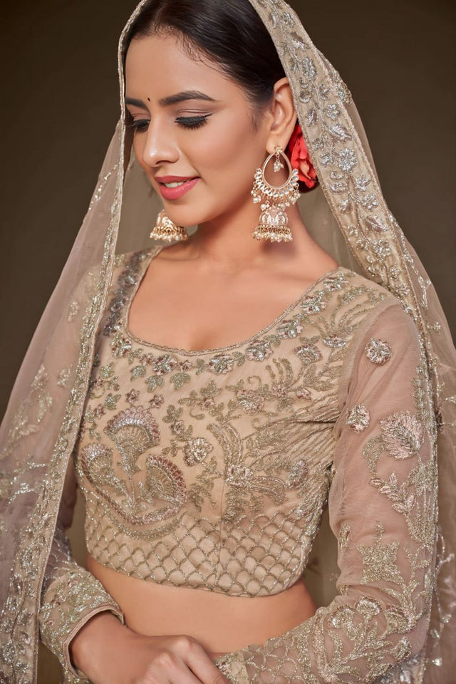Beige Floral Embroidered Net Lehenga (WF-7908)