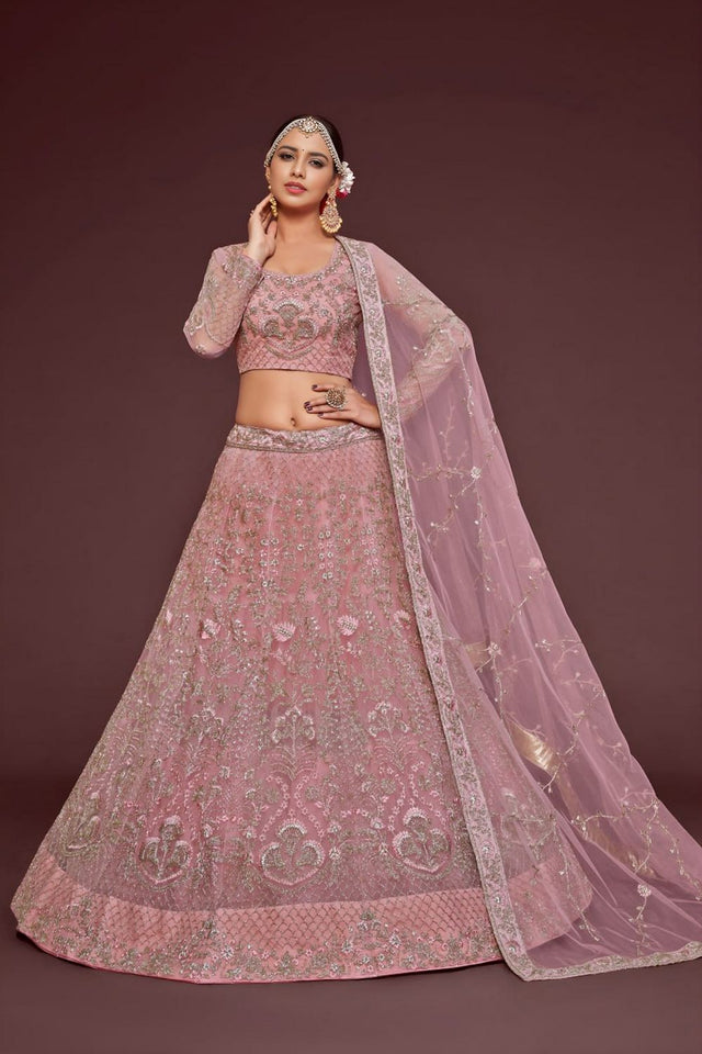 Pink Floral Embroidered Net Lehenga (WF-7909)