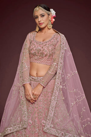 Pink Floral Embroidered Net Lehenga (WF-7909)