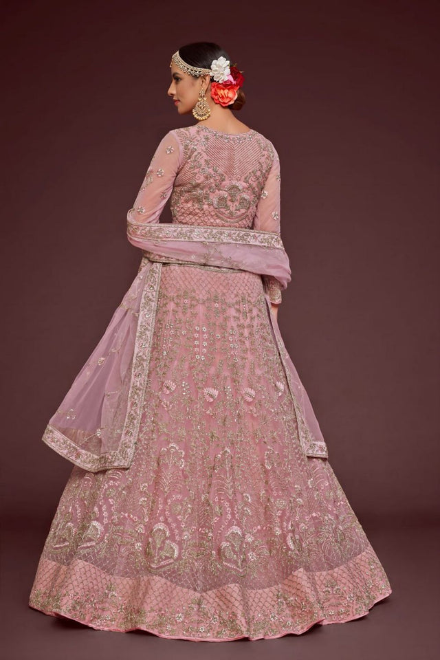 Pink Floral Embroidered Net Lehenga (WF-7909)