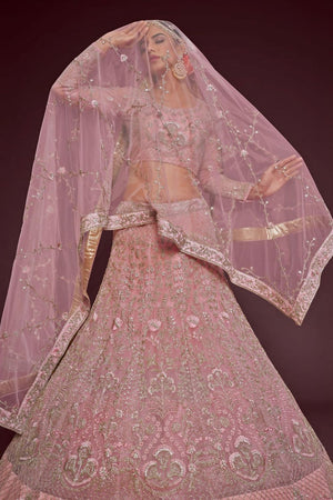 Pink Floral Embroidered Net Lehenga (WF-7909)