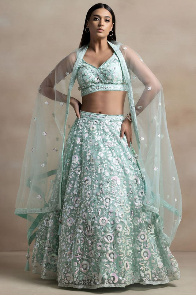 Blue Floral Embroidered Net Lehenga (WF5126-Blue)
